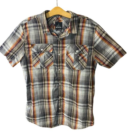 Prana Men's Plaid Button Down Shirt - Black, Gray, and Orange short sleeve large - Picture 1 of 7